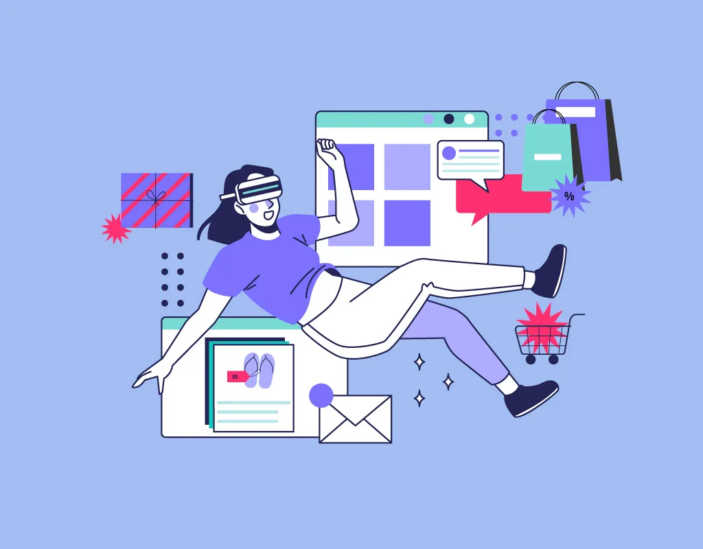 Illustrazione donna con visore VR circondata da elementi di shopping online.