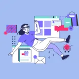 Illustrazione donna con visore VR circondata da elementi di shopping online.