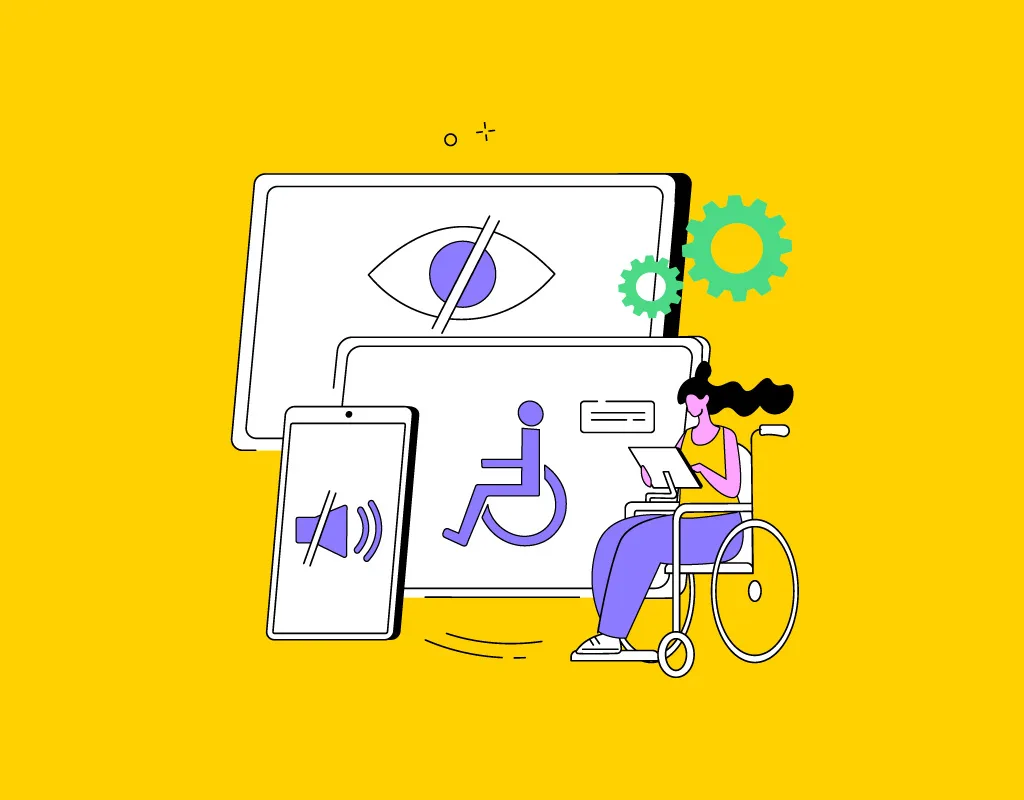 Illustrazione colorata su sfondo giallo che rappresenta European Accessibility Act EAA: una donna in sedia a rotelle utilizza un tablet, con simboli di accessibilità, disabilità visiva e uditiva su schermi e dispositivi.