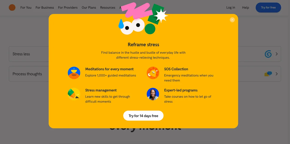 Finestra pop-up colorata di una piattaforma digitale per la gestione dello stress, con icone illustrate e testi sulle funzionalità di meditazione, gestione dello stress e programmi guidati da esperti.