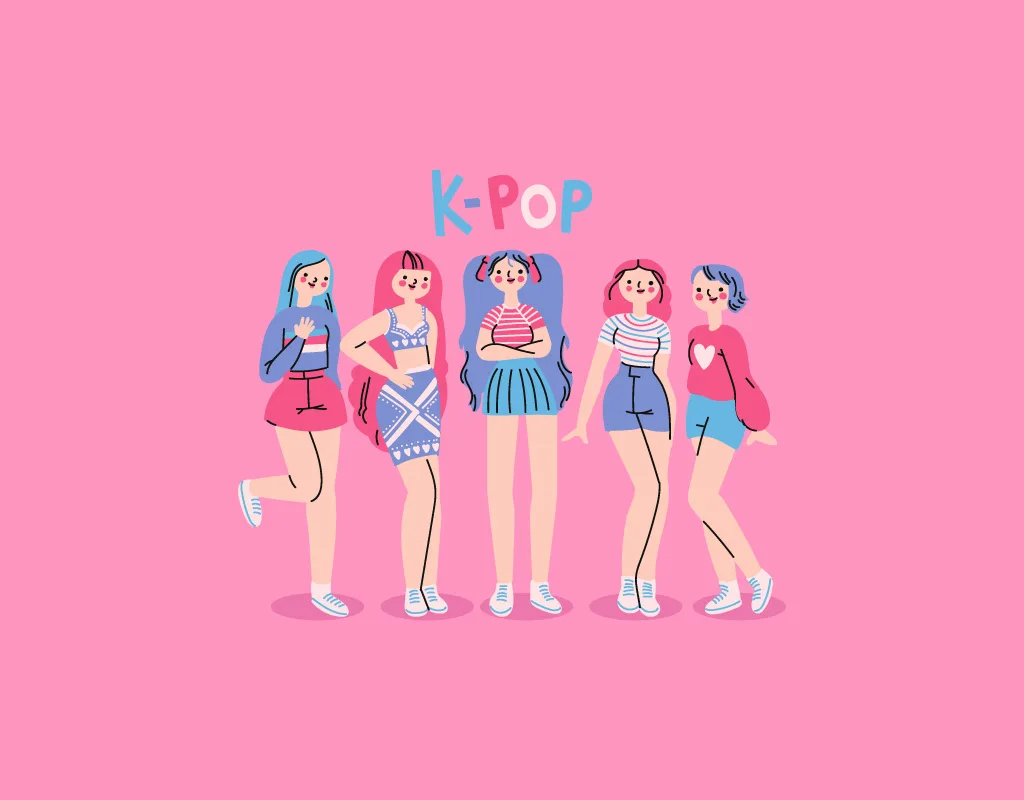 Illustrazione che rappresenta 5 ragazze di una fandom con la scritta k-pop, su sfondo rosa fluo.