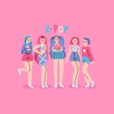 Illustrazione che rappresenta 5 ragazze di una fandom con la scritta k-pop, su sfondo rosa fluo.