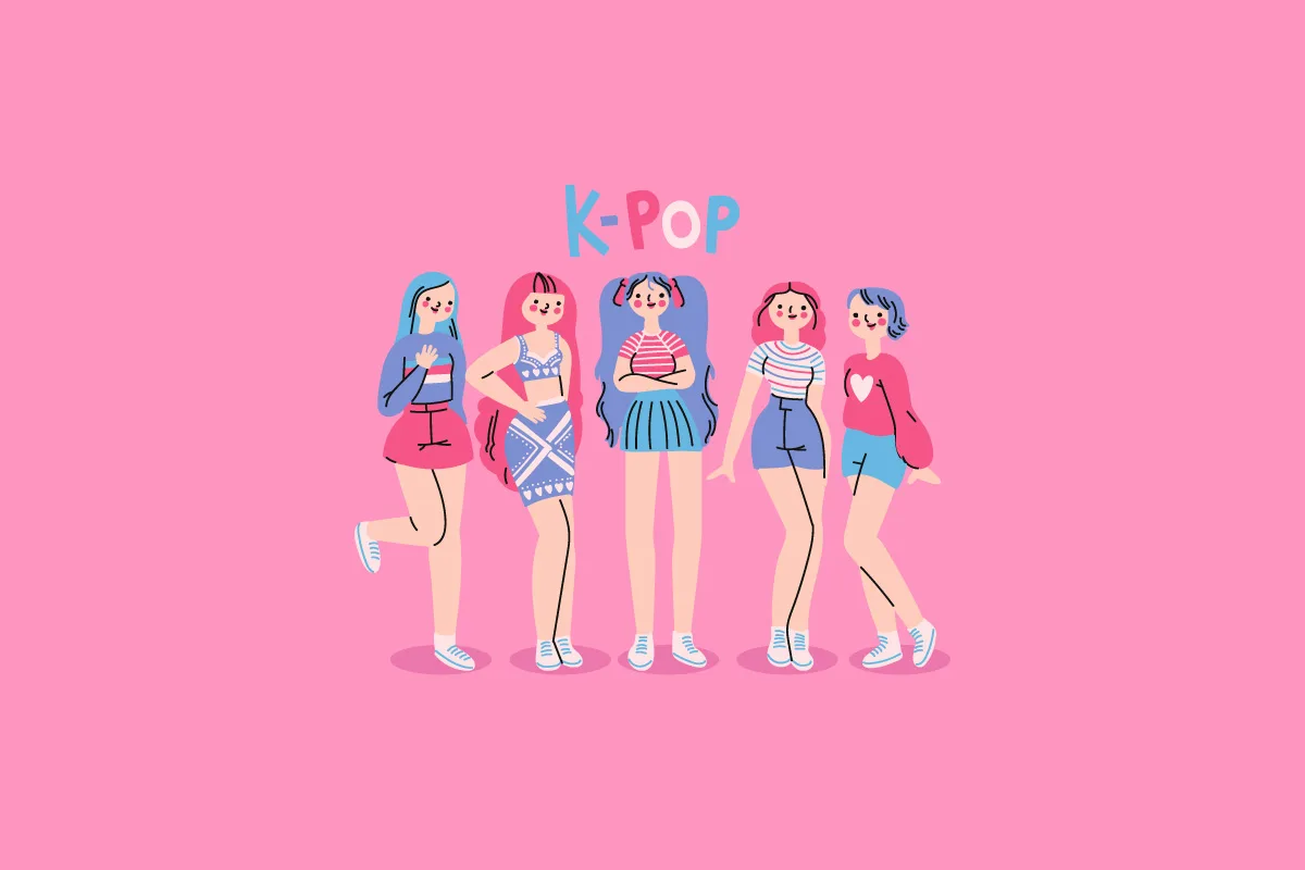 Illustrazione che rappresenta 5 ragazze di una fandom con la scritta k-pop, su sfondo rosa fluo.