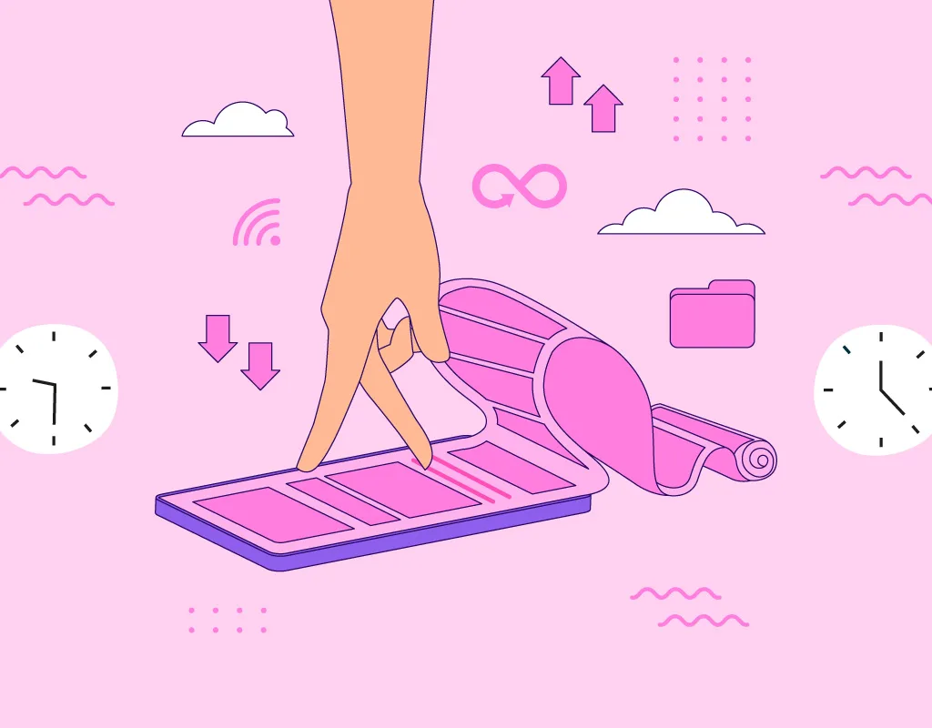 Illustrazione di una mano che scorre su uno smartphone con un tappetino da yoga, simboli digitali e due orologi sullo sfondo, a rappresentare l’equilibrio tra tecnologia e benessere.