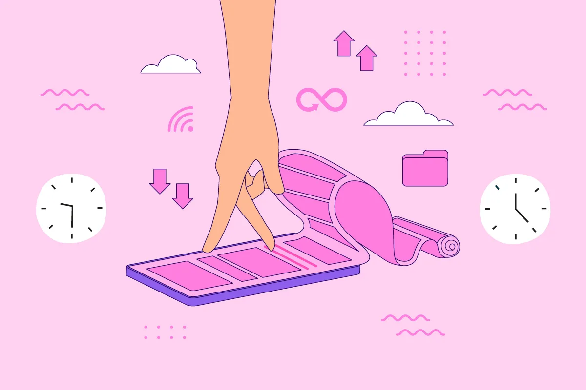 Illustrazione di una mano che scorre su uno smartphone con un tappetino da yoga, simboli digitali e due orologi sullo sfondo, a rappresentare l’equilibrio tra tecnologia e benessere.