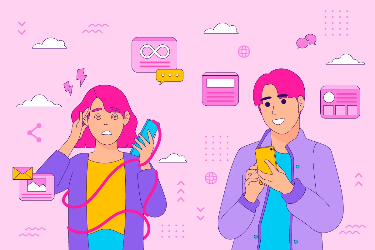 Illustrazione di due persone che usano lo smartphone circondate da icone digitali su sfondo rosa.