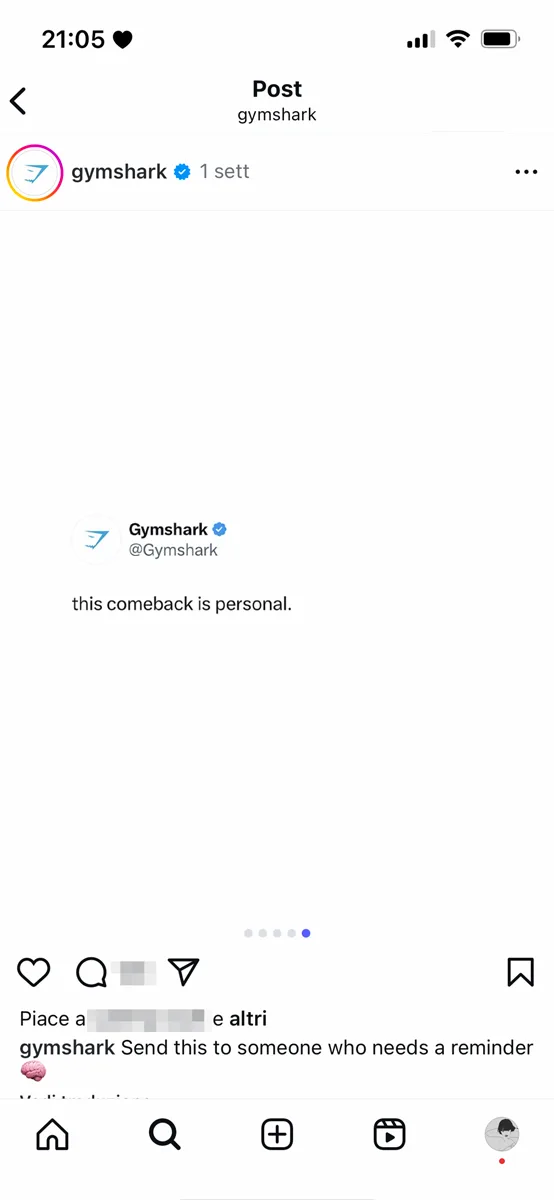 Post motivazionale di Gymshark: this comeback is personal.