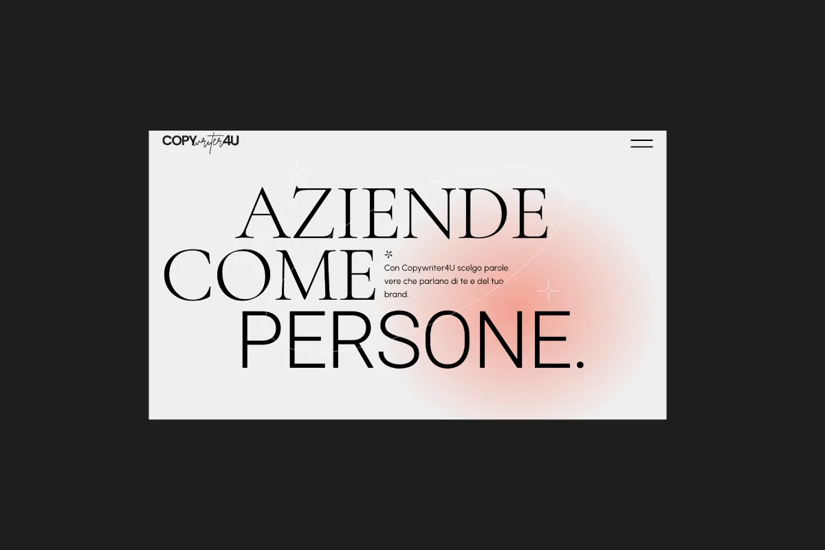 Schermata della homepage di Copywriter4you con la scritta “Aziende come persone” su sfondo chiaro e dettagli grafici minimalisti.