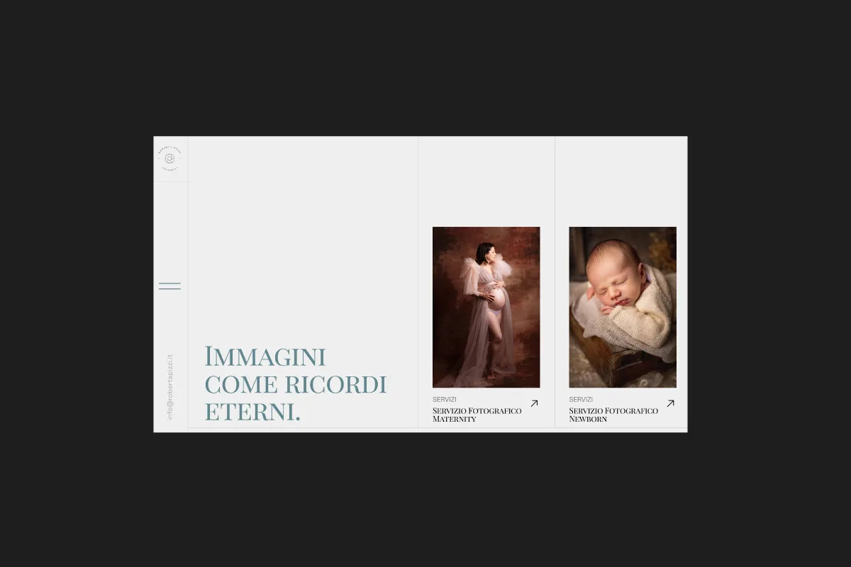 Schermata del sito di Roberta Pizzi con la scritta “Immagini come ricordi eterni” e due anteprime fotografiche di servizi maternity e newborn su sfondo elegante e pulito.