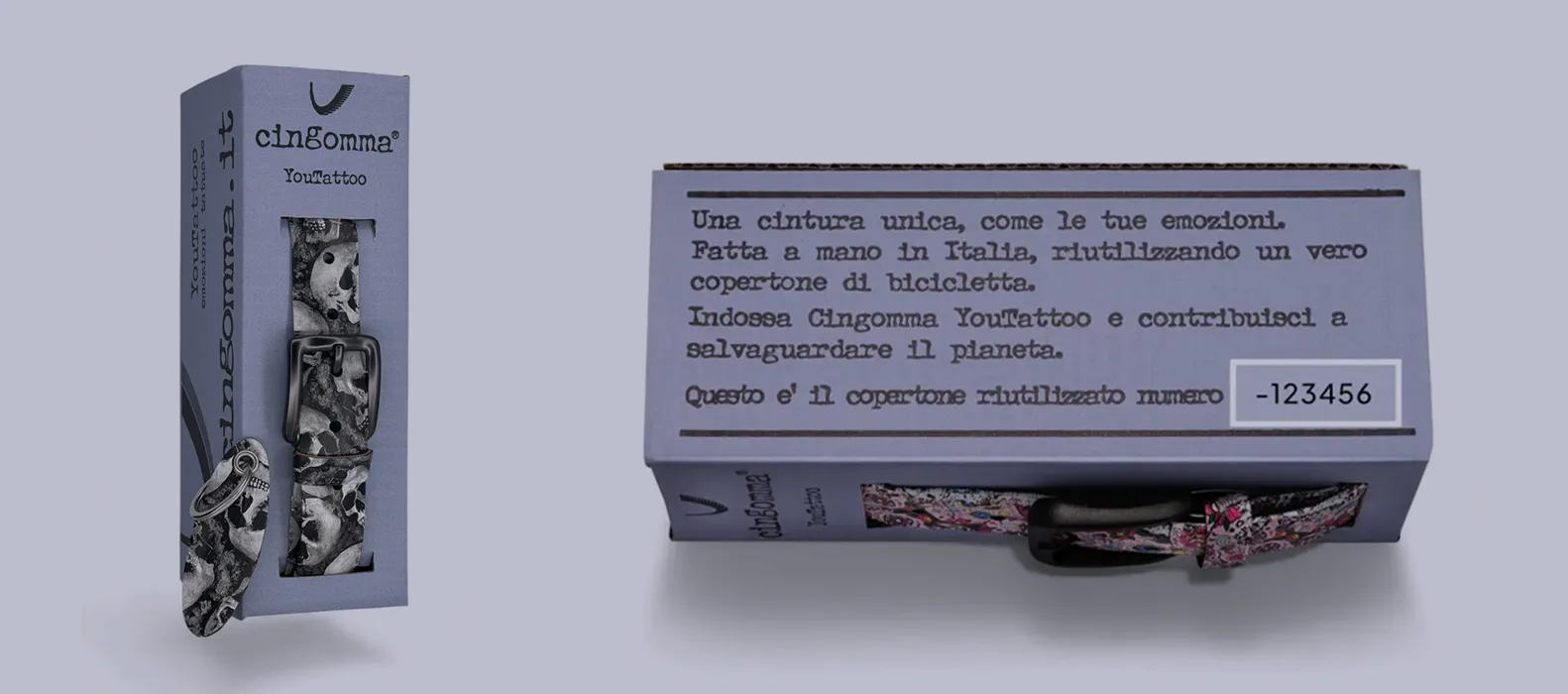 Scatola viola con testo che racconta la storia di una cintura fatta a mano da copertoni bici riciclati, unica e numerata.