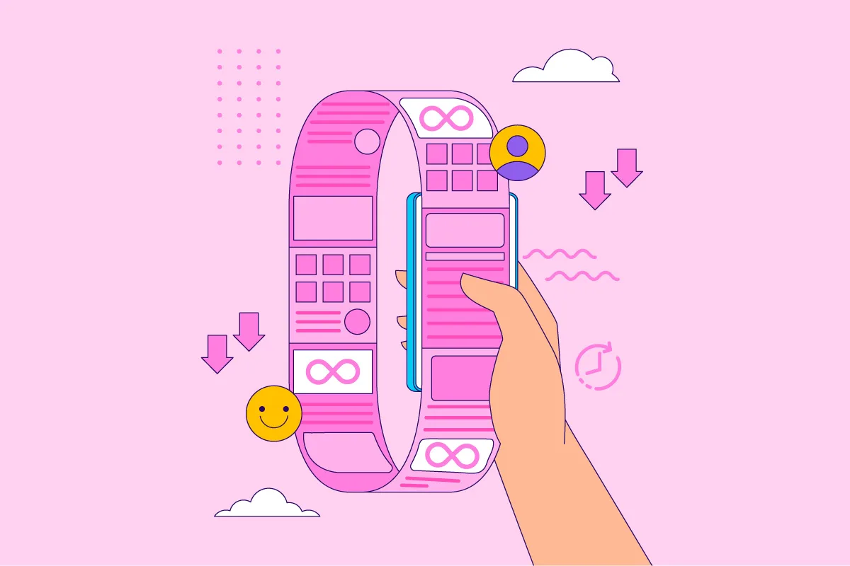 Illustrazione di una mano con uno smartphone con uno scroll ciclico con simboli di faccette felici.