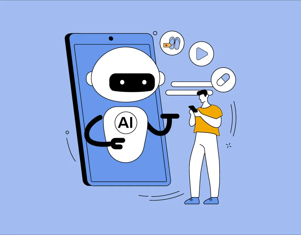 Illustrazione uomo e smartphone con un robottino AI.