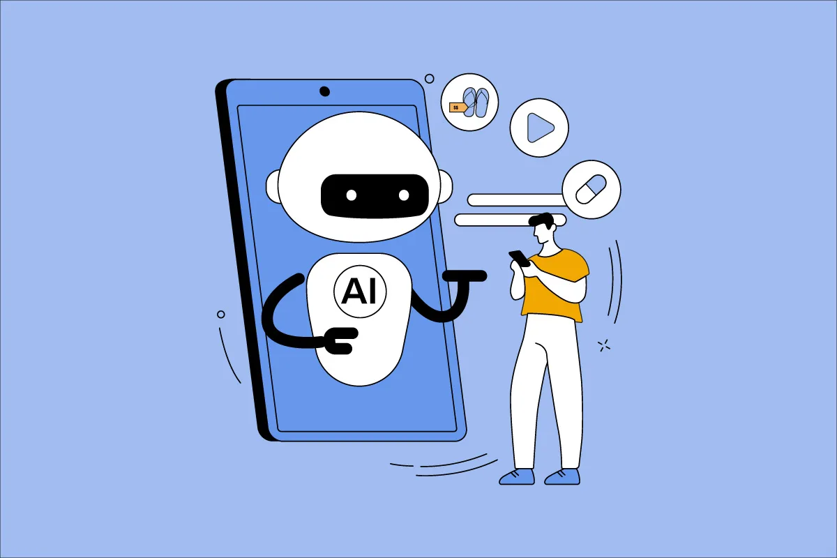 Illustrazione uomo e smartphone con un robottino AI.
