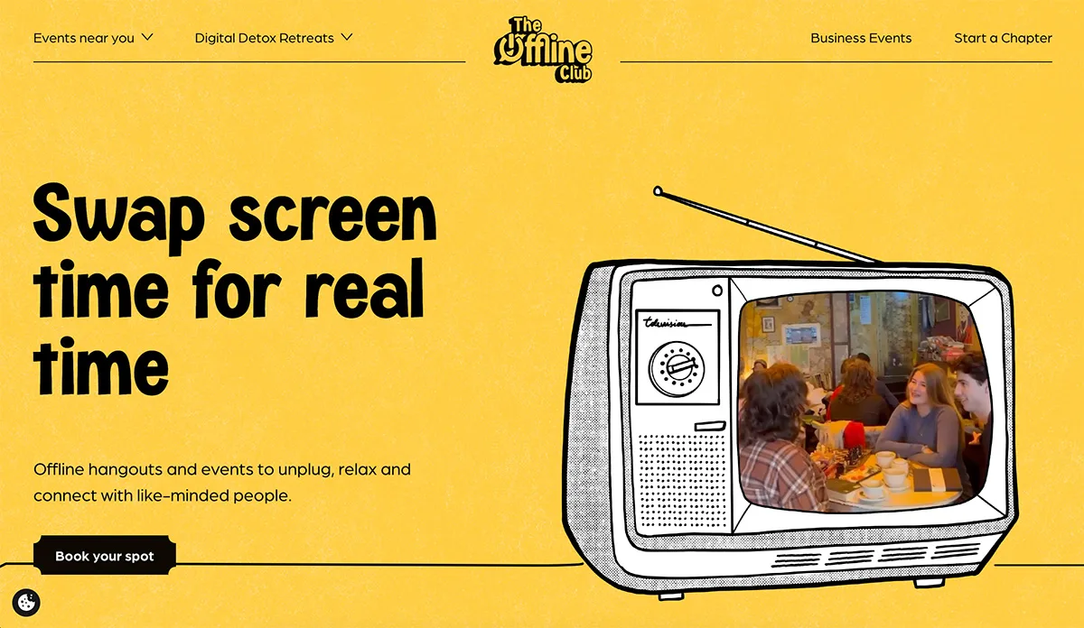 Homepage di The Offline Club con il claim "Swap screen time for real time" e persone che socializzano offline.