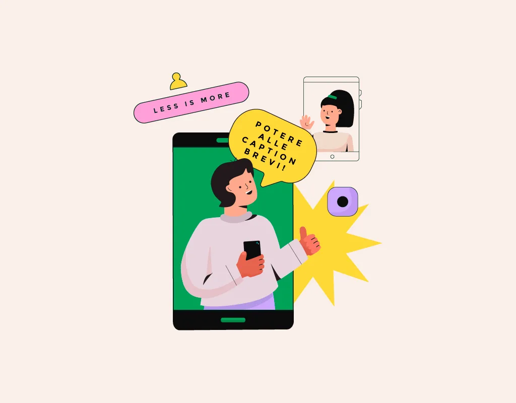 Illustrazione colorata di due persone che comunicano tramite smartphone, con balloon che promuovono l’uso di caption brevi per rafforzare il brand sui social.