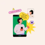 Illustrazione colorata di due persone che comunicano tramite smartphone, con balloon che promuovono l’uso di caption brevi per rafforzare il brand sui social.