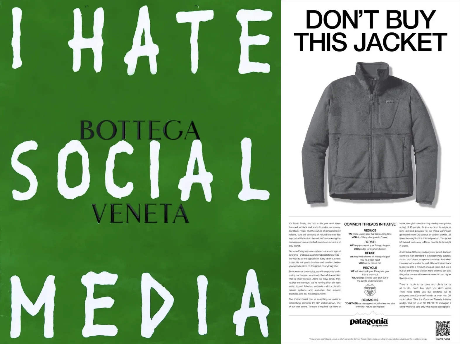 Campagne pubblicitarie di Bottega Veneta e Patagonia che rifiutano social media e consumismo