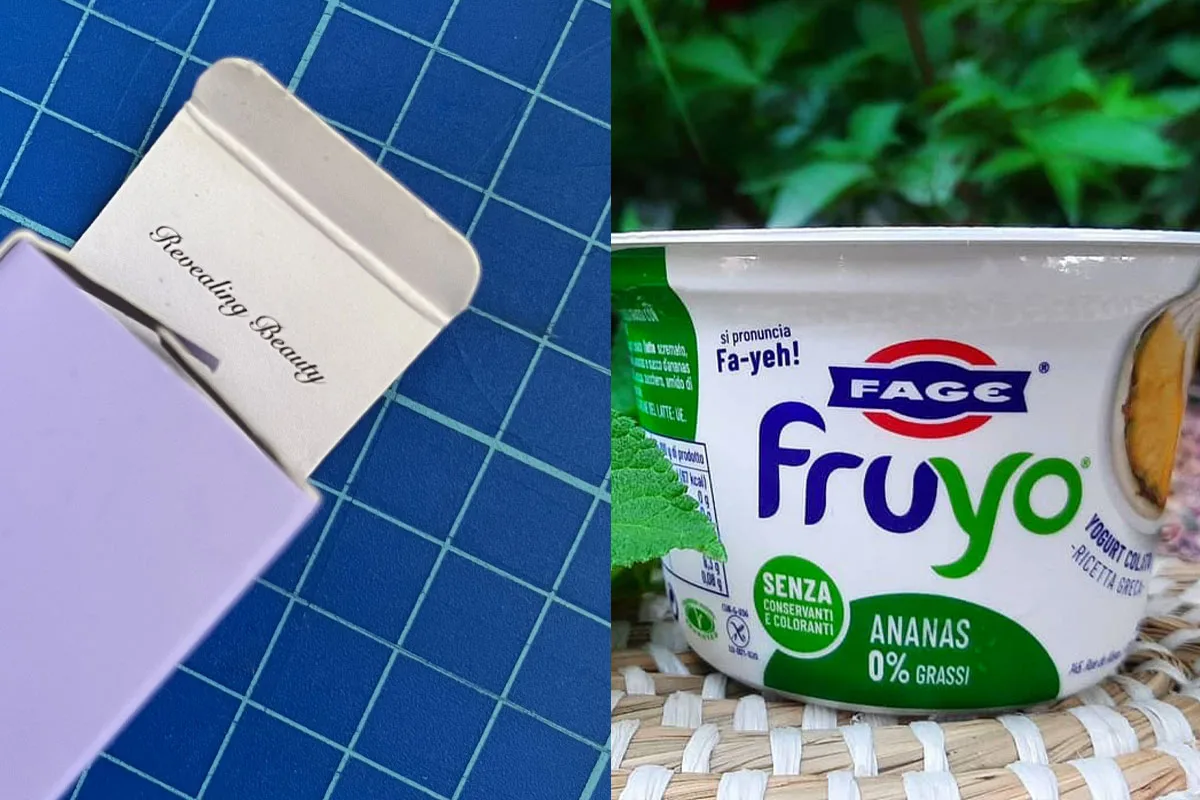 Dettaglio di packaging Ripar con scritto “Revealing Beauty” e yogurt Fage con scritto “si pronuncia Fa-yeh!”.