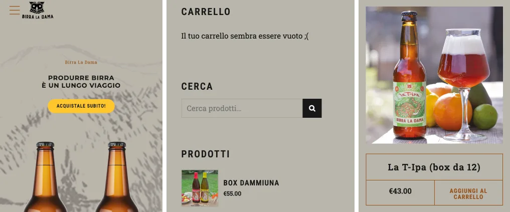 Screenshot di un sito e-commerce di birra artigianale, con esempi di micro-copy: headline motivazionale, messaggio di carrello vuoto e pulsante “Aggiungi al carrello”.