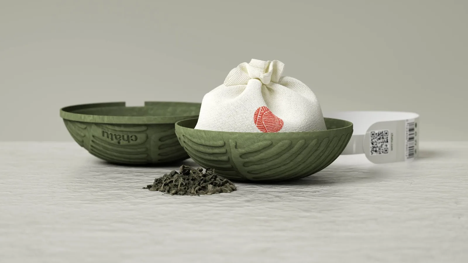 Gli imballaggi di Chatu ecosostenibili e colorati con coloranti naturali Packaging sferico ecosostenibile con sacchetto di cotone bianco e tè Chatu.