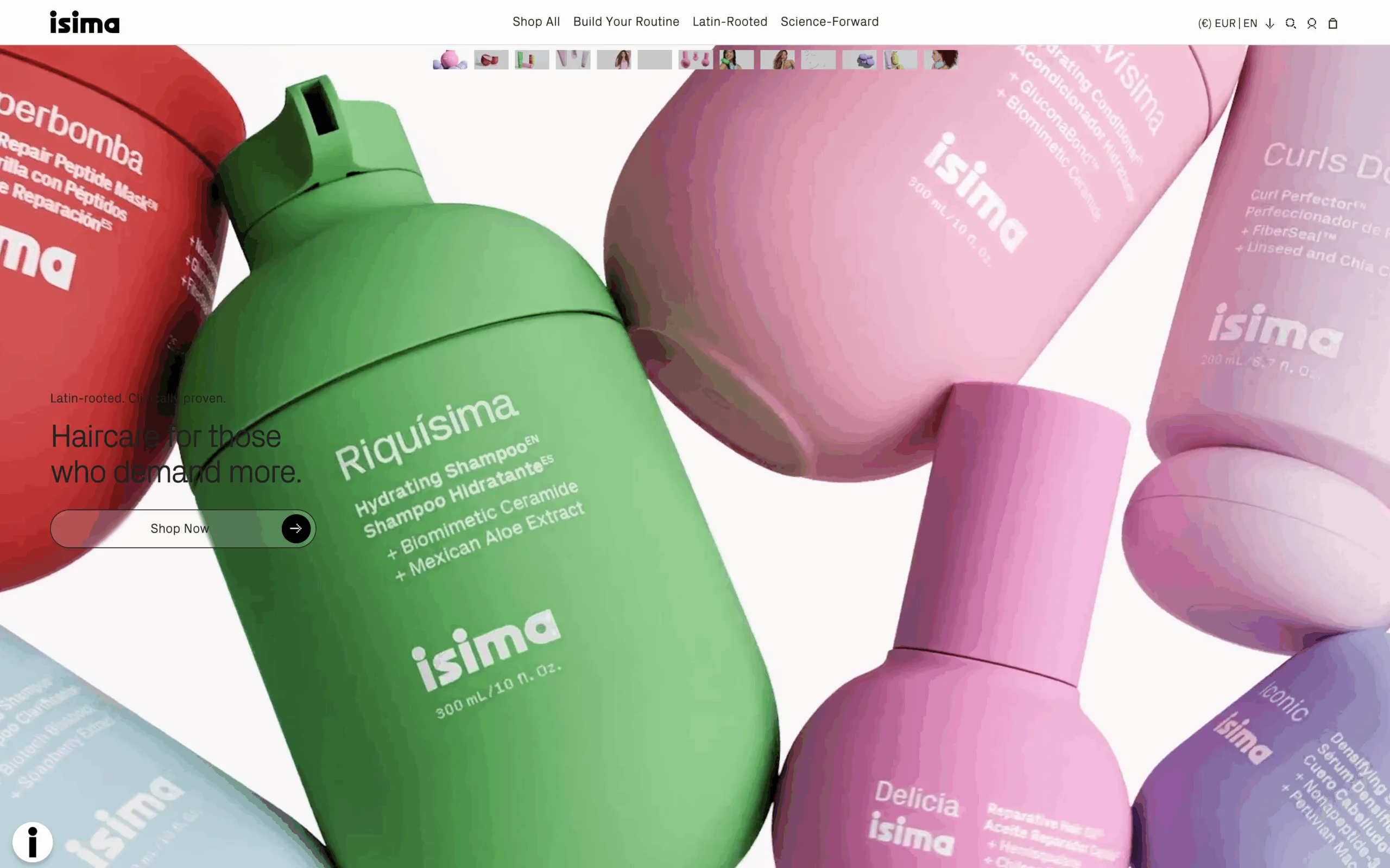 Screenshot della homepage del sito Isima, con immagine di prodotti colorati.