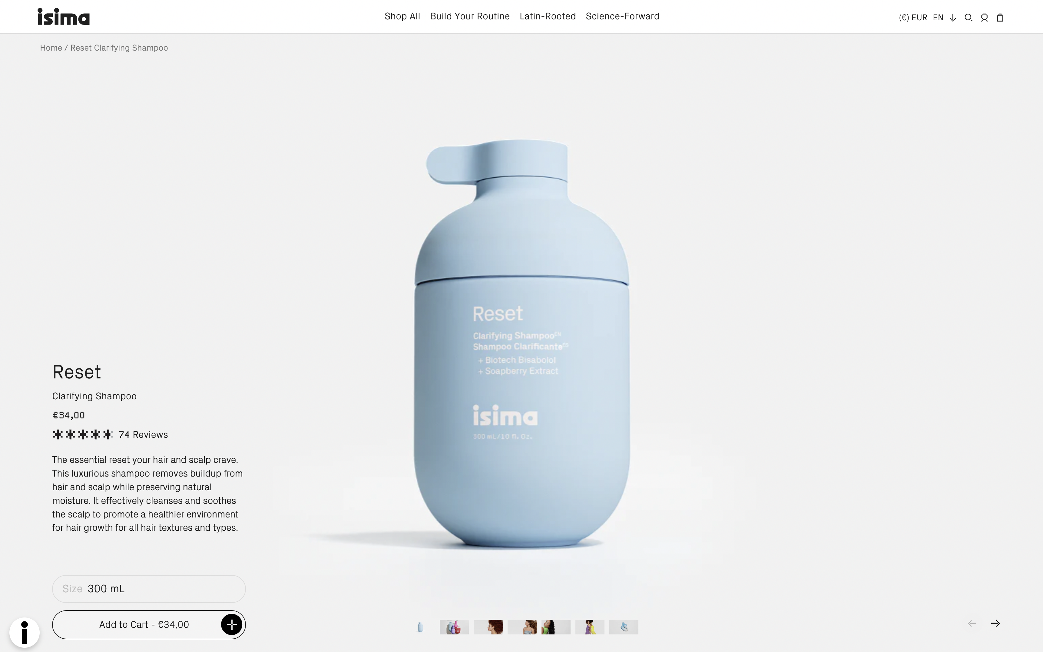 Screenshot della scheda prodotto Reset Clarifying Shampoo Isima.
