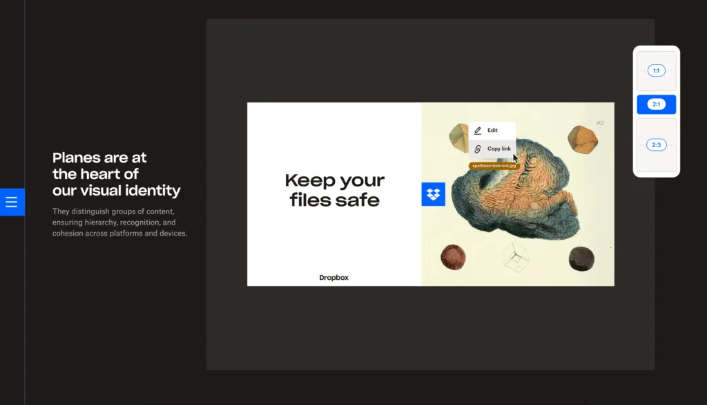 Interfaccia Dropbox con colori e componenti UI del brand system.