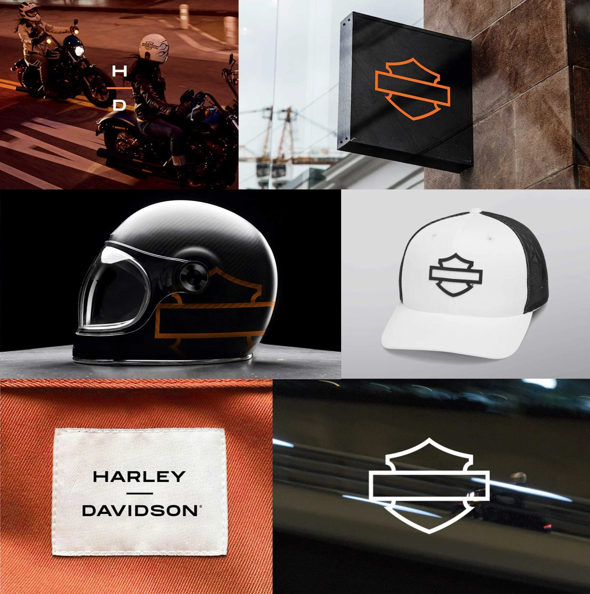Elementi del nuovo branding Harley-Davidson: logo minimal su caschi, cappelli, insegne e etichette