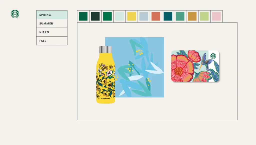 Immagine coordinata Starbucks con palette colori primaverili e packaging stagionale.