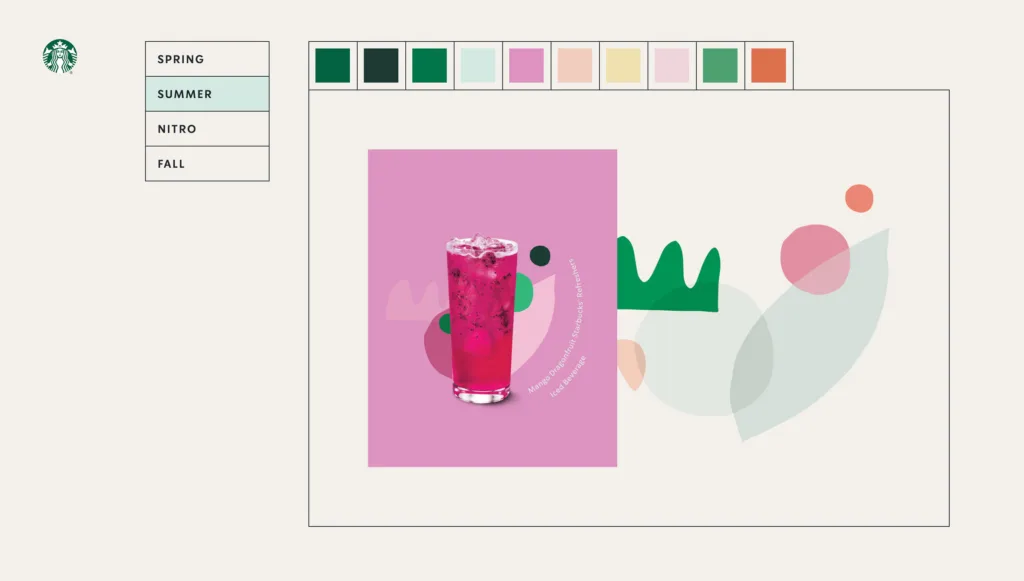 Immagine coordinata Starbucks con palette estiva e nuovi design per bicchieri e materiali promozionali.