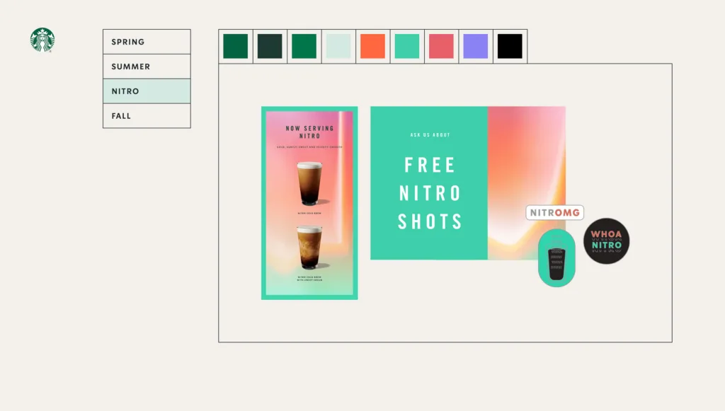 Immagine coordinata Starbucks, palette Nitro e grafiche dedicate a prodotti speciali.