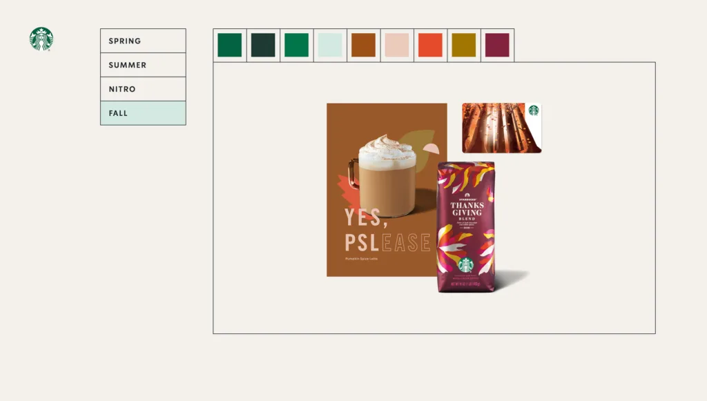 Immagine coordinata Starbucks, palette colori autunnali e packaging a tema stagione.