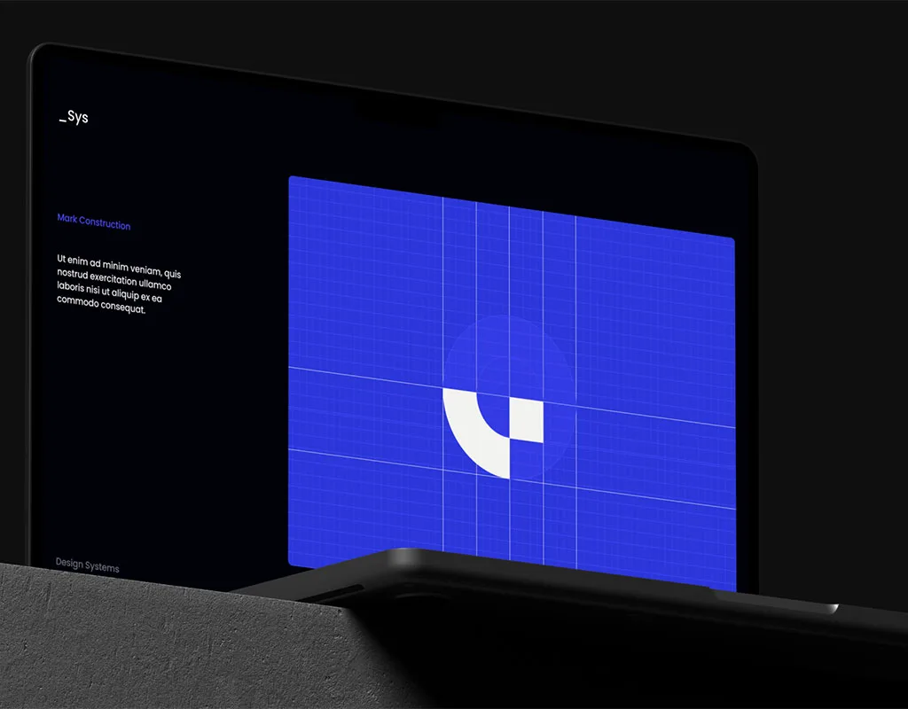 Schermata con griglia blu e logo su laptop, esempio di brand guideline digitale e costruzione del marchio.