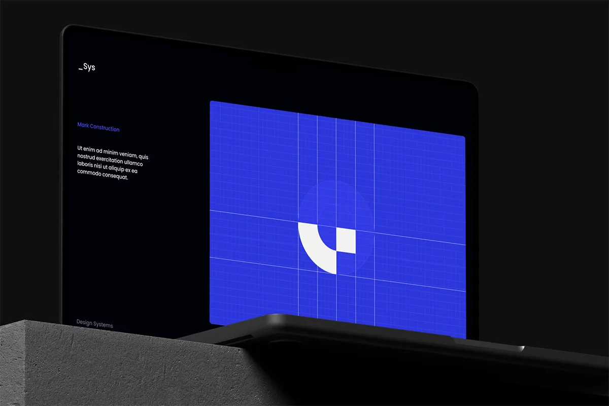 Schermata con griglia blu e logo su laptop, esempio di brand guideline digitale e costruzione del marchio.