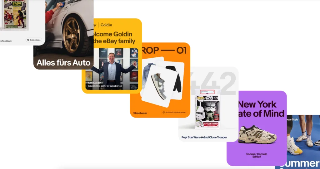 Esempi di creatività eBay: immagini prodotto, icone e visual branding.