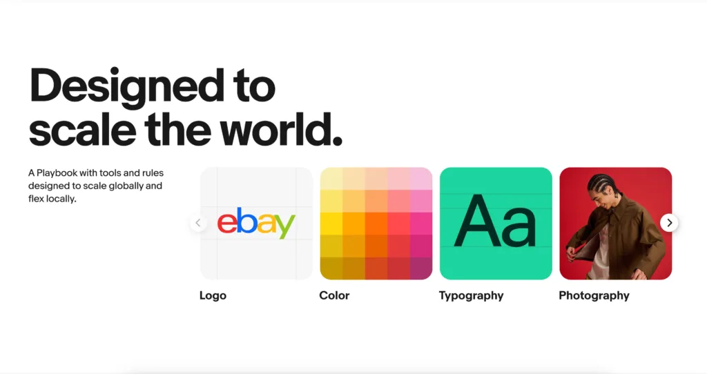 Linee guida eBay con palette colori, tipografia e visual identity modulare.