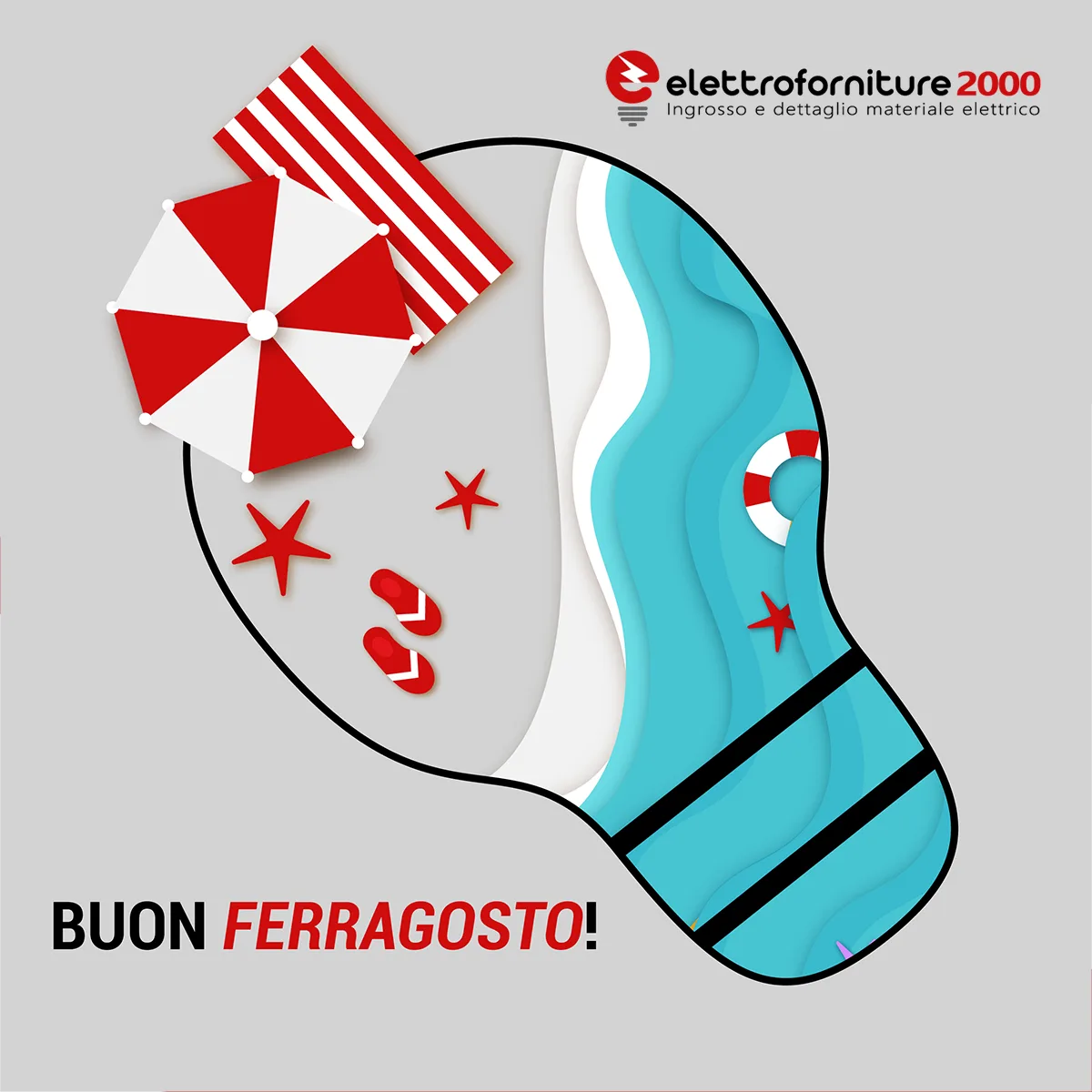 Illustrazione con spiaggia stilizzata a forma di lampadina per augurare buon Ferragosto da Elettroforniture 2000.