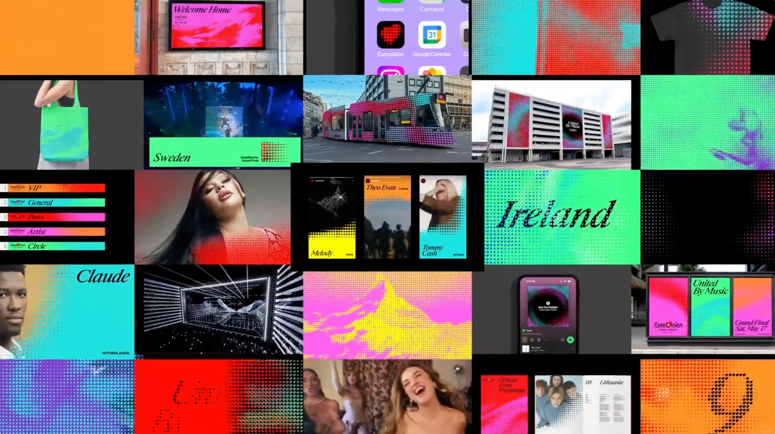 Collage di visual e animazioni Eurovision con palette e stili diversi.