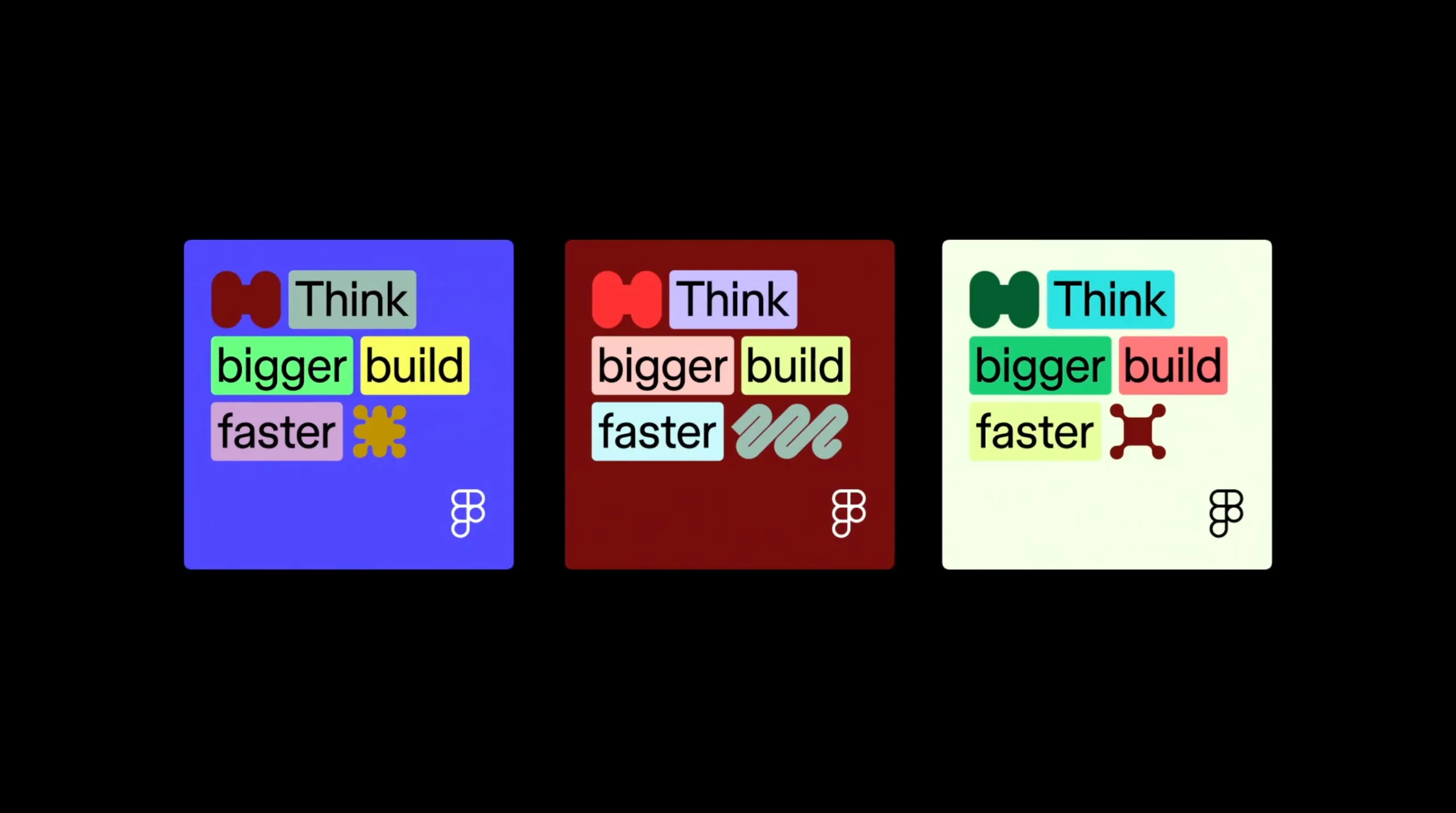 Tre varianti grafiche Figma con slogan e palette colori differenti.