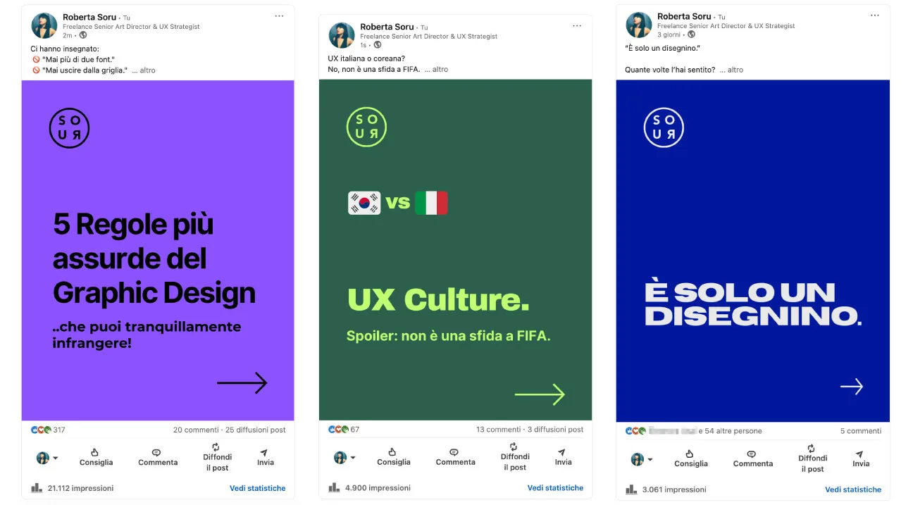 Immagine coordinata LinkedIn di Roberta Soru su graphic design, UX e cultura visiva.