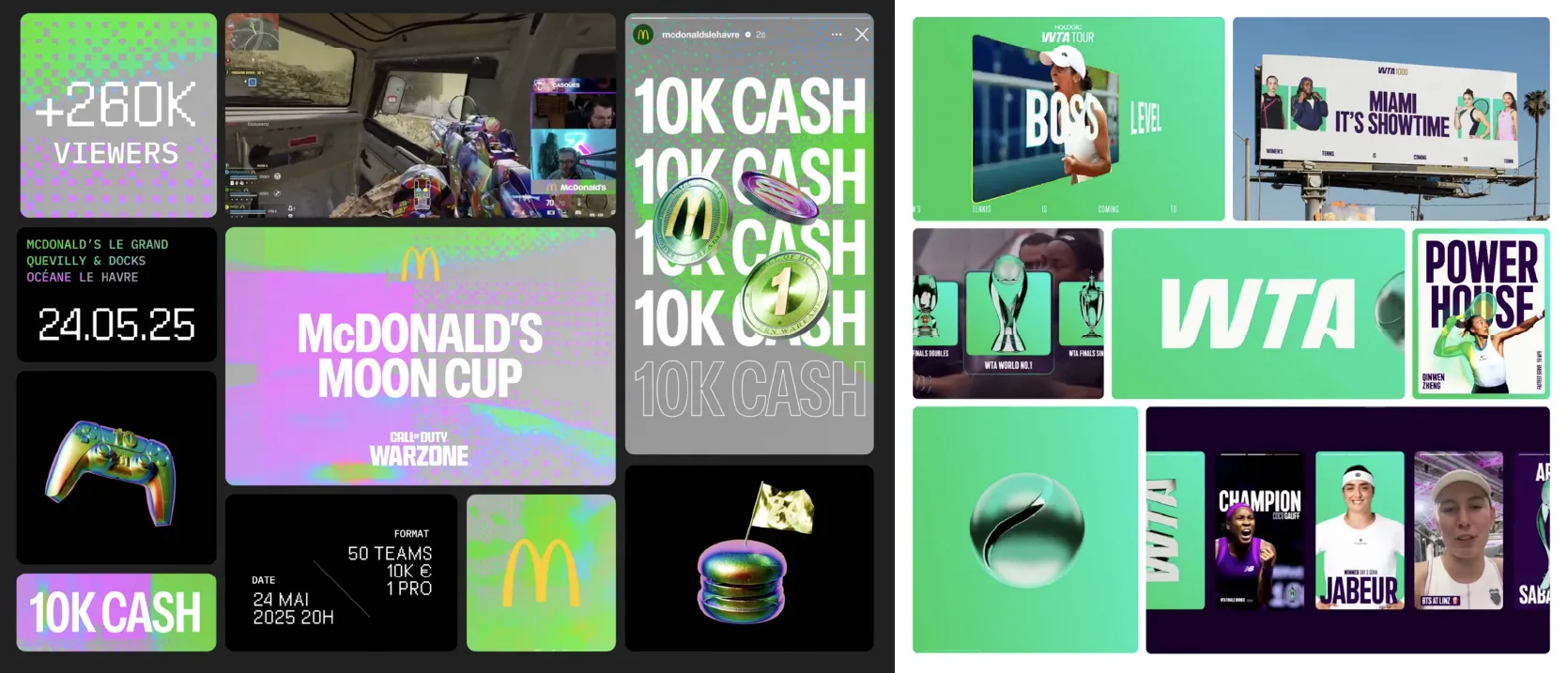 Visual McDonald’s per la campagna Moon Cup e visual WTA con elementi pop, digitali e outdoor.