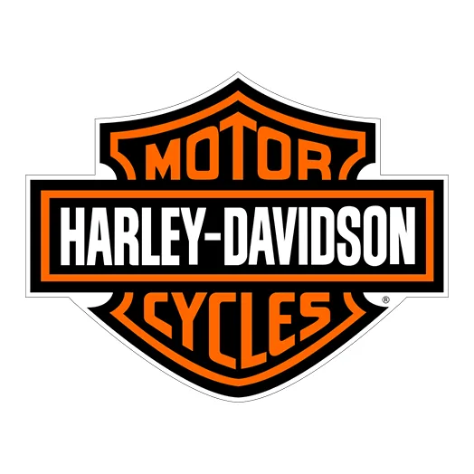 Logo Harley-Davidson Bar & Shield in versione arancione, nero e bianco, con scritte “Motor”, “Harley-Davidson”, “Cycles”.