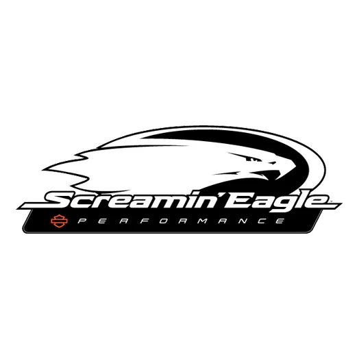 Logo Screamin’ Eagle con testa d’aquila stilizzata in bianco e nero, design dinamico e moderno.