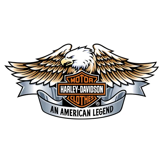 Logo Harley-Davidson con aquila dorata e nastro grigio, slogan "An American Legend" alla base.