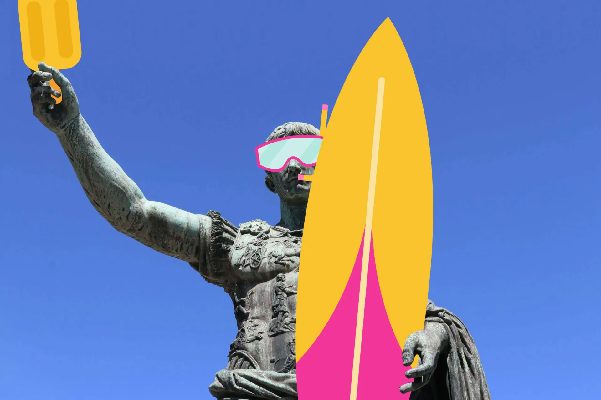Marketing di Ferragosto: Cesare Ottaviano Augusto con illustrazioni: ghiacciolo, maschera, boccaglio, surf.