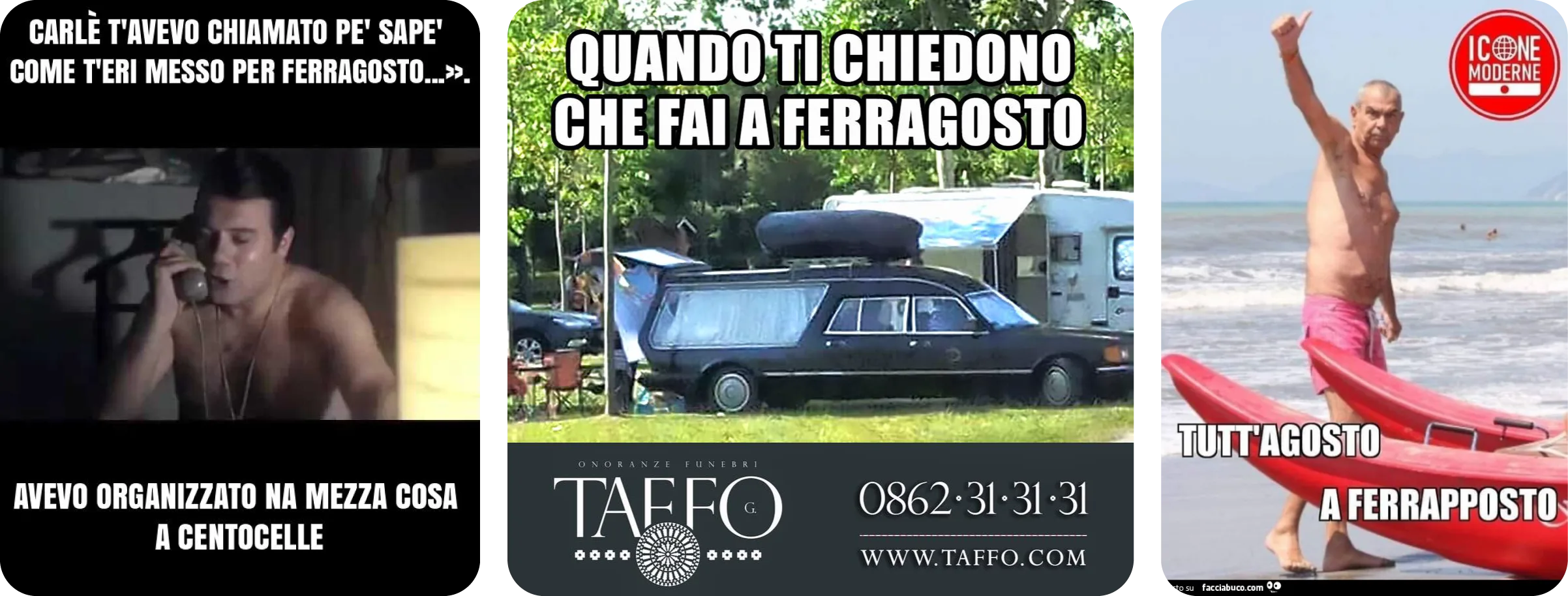 Tre meme divertenti italiani sul Ferragosto, con battute e immagini ironiche sulla festività estiva.
