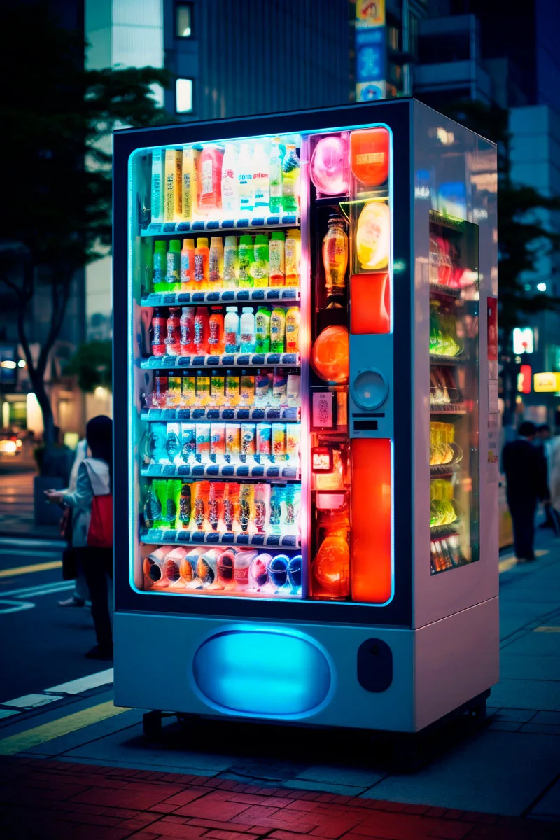 Distributore automatico illuminato di notte con bevande colorate esposte in strada in stile giapponese.