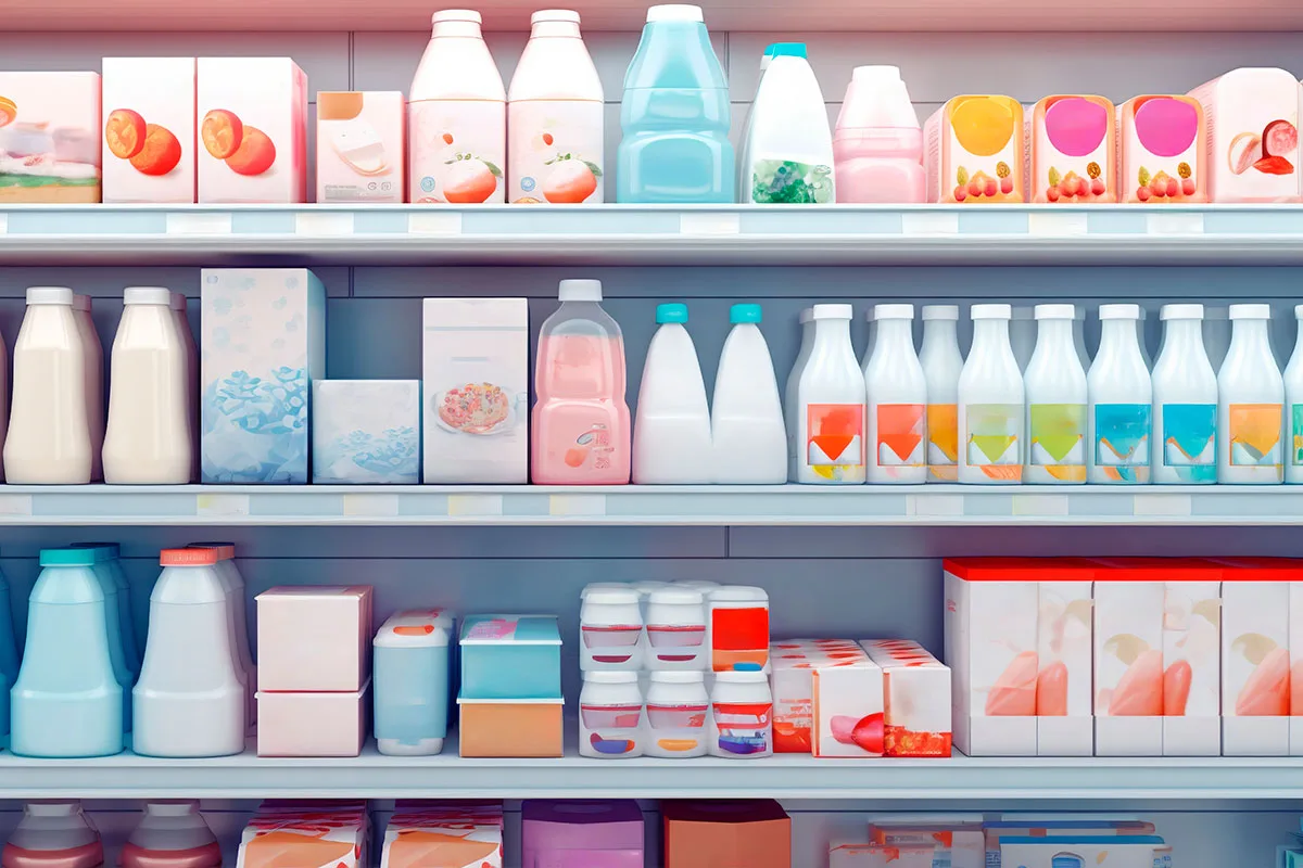 Immagine AI di diverse confezioni di prodotti disposte su tre scafali per il packaging positioning.