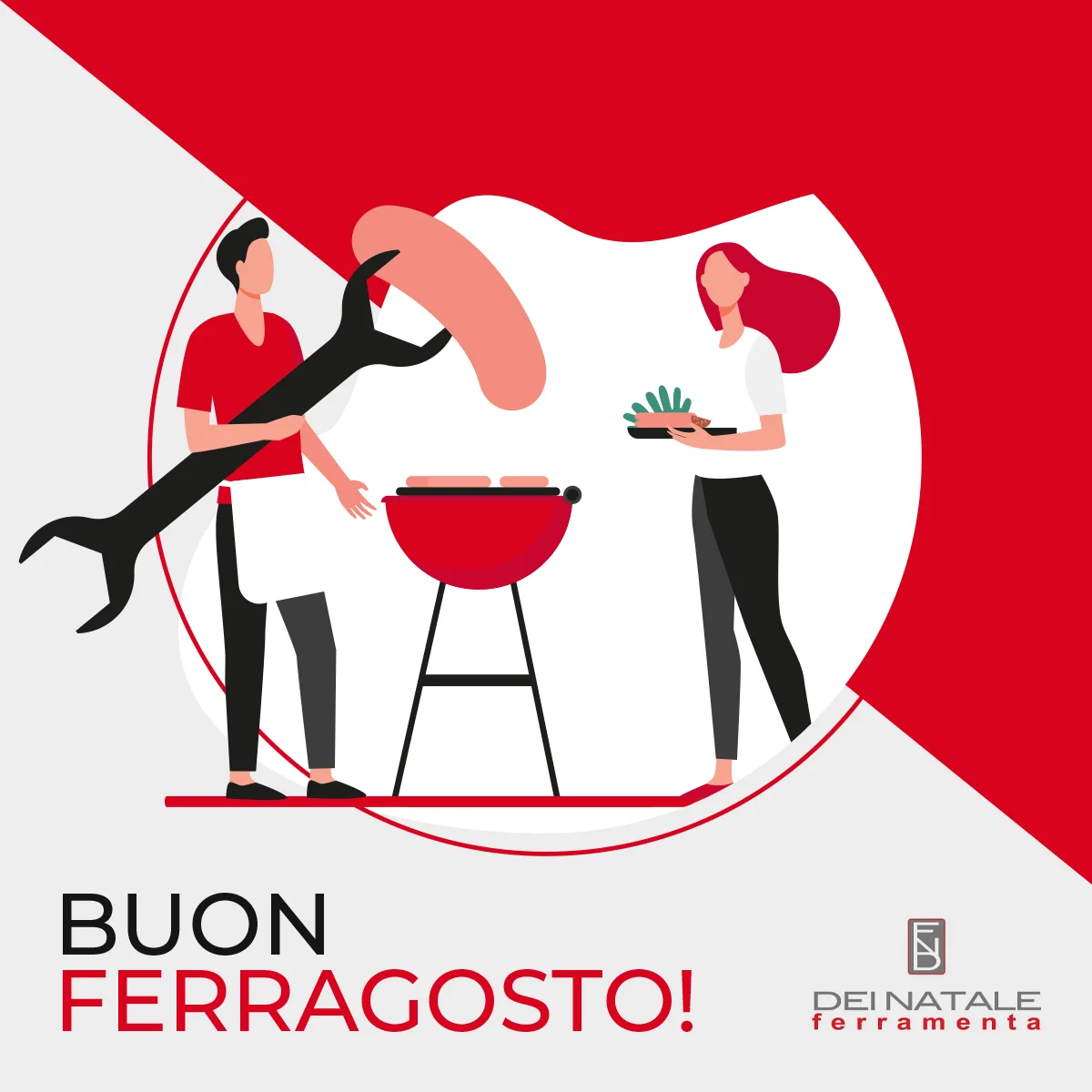 Uomo con chiave inglese gigante che cuoce salsicce su barbecue accanto a donna: auguri da Dei Natale Ferramenta.