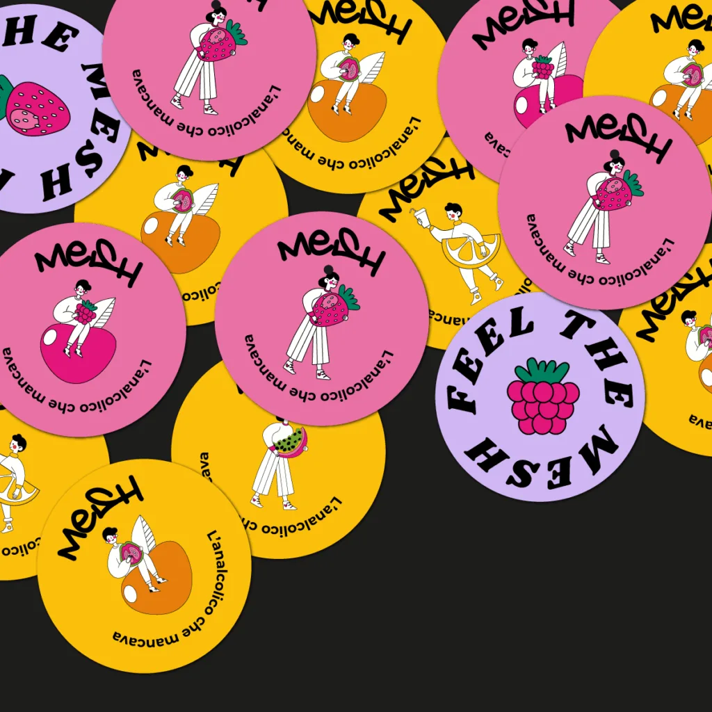 Collection of yellow, pink and purple Mash drink stickers featuring playful illustrations